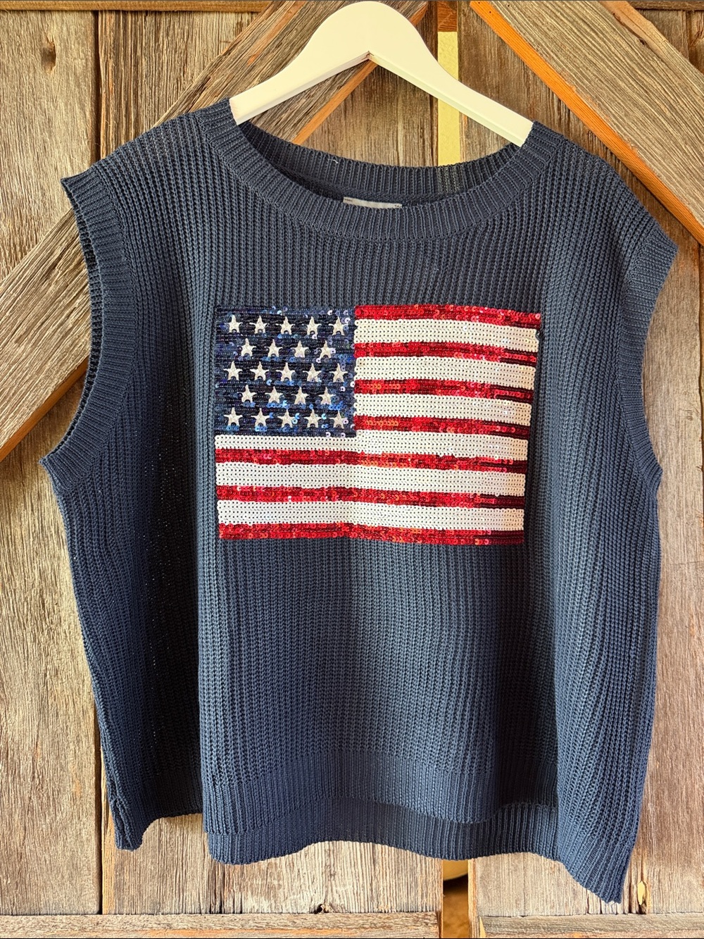 Navy Oversized Knit Lightweight Swester with Sequin American Flag